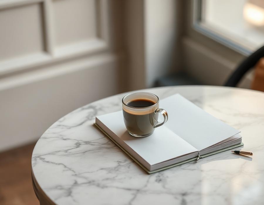 Xícara de café e caderno sobre mesa de mármore