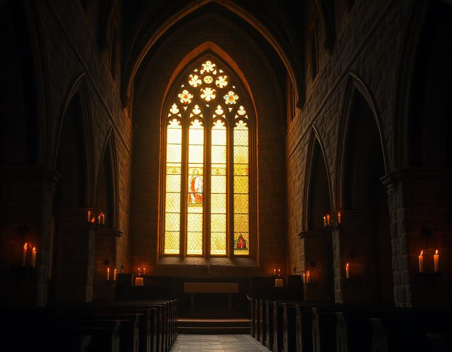 Interior de igreja antiga iluminado por velas