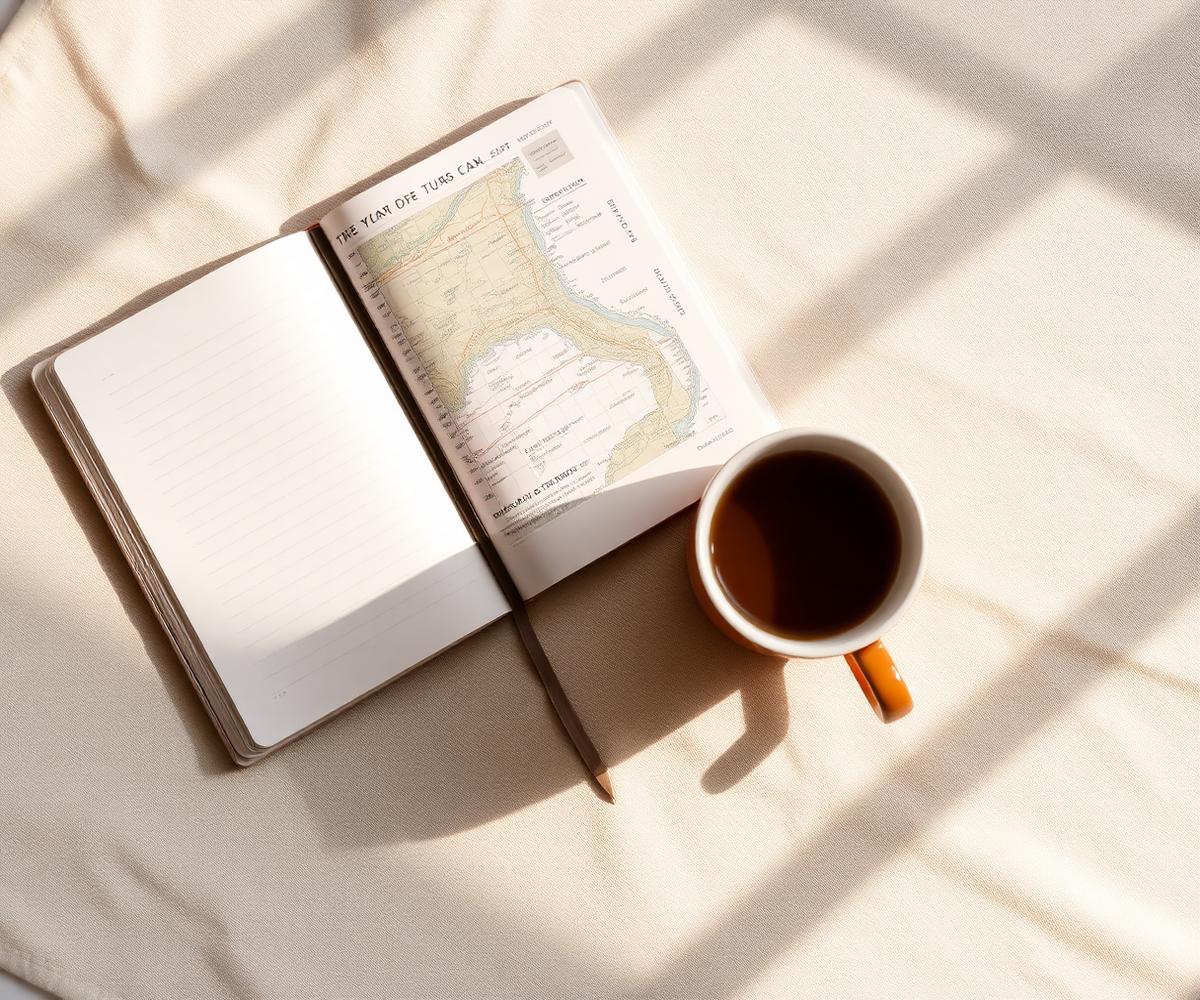 Caderno de viagem, mapa e xícara sobre uma mesa de madeira
