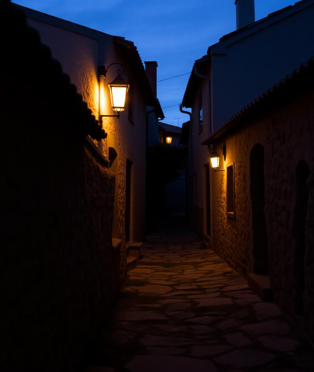 Caminho de pedra entre casas antigas iluminado por lampiões ao anoitecer